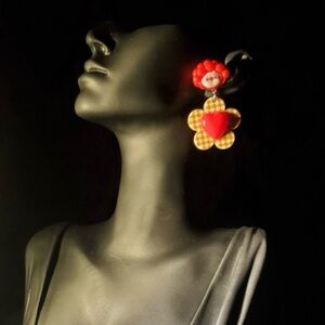 Red Heart Flower Drop Earrings - Playful Statement Earrings